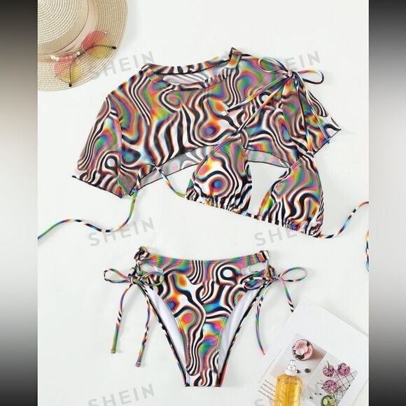 SXY Summer Beach Marble Print 3 Piece Swimsuit Set - Picture 4 of 5